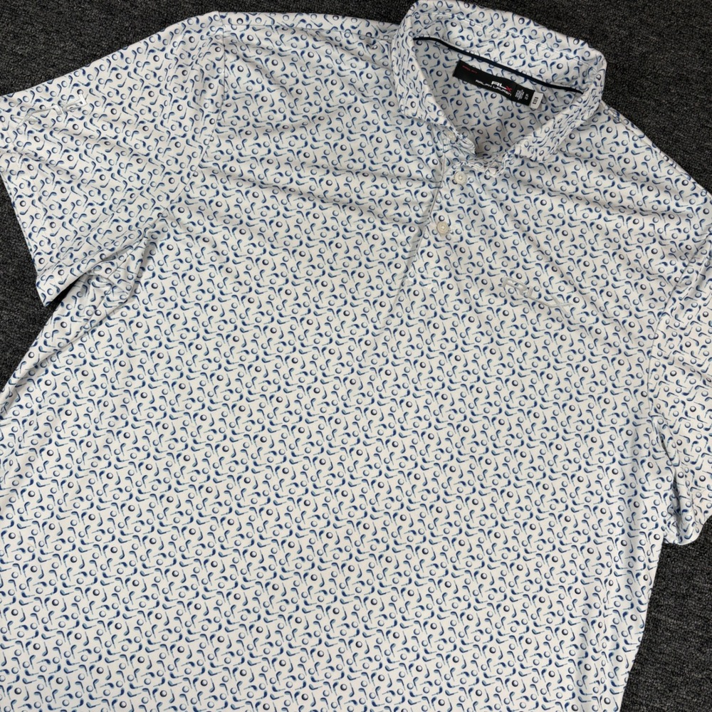 RLX Ralph Lauren Polo Shirt Mens XL White Blue Golf Club Print Pro Fit